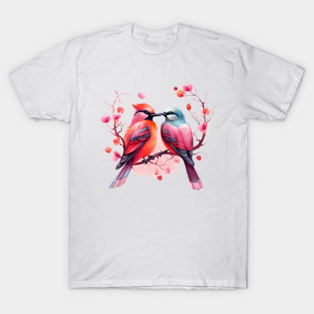 Valentine Kissing Oriole Bird Couple T-Shirt by Chromatic Fusion Studio